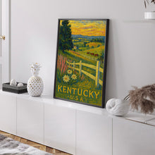 Kentucky Travel Poster, Bluegrass State Pink Green Retro Print Landscape Painting Horses Scenery Custom Travel Print Kentucky Derby Wall Art