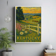 Kentucky Travel Poster, Bluegrass State Pink Green Retro Print Landscape Painting Horses Scenery Custom Travel Print Kentucky Derby Wall Art