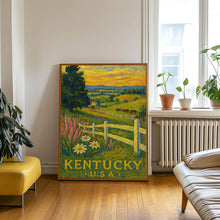 Kentucky Travel Poster, Bluegrass State Pink Green Retro Print Landscape Painting Horses Scenery Custom Travel Print Kentucky Derby Wall Art