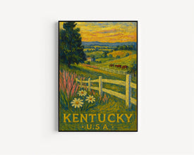 Kentucky Travel Poster, Bluegrass State Pink Green Retro Print Landscape Painting Horses Scenery Custom Travel Print Kentucky Derby Wall Art