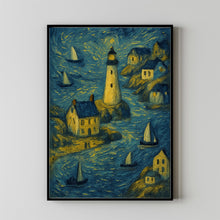 Lighthouse Village Wall Art Maritime Painting Neutral Summer Farmhouse Decor Whimsical Coastal Canvas