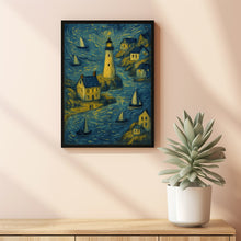 Lighthouse Village Wall Art Maritime Painting Neutral Summer Farmhouse Decor Whimsical Coastal Canvas