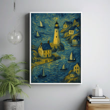 Lighthouse Village Wall Art Maritime Painting Neutral Summer Farmhouse Decor Whimsical Coastal Canvas