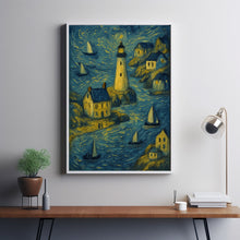 Lighthouse Village Wall Art Maritime Painting Neutral Summer Farmhouse Decor Whimsical Coastal Canvas