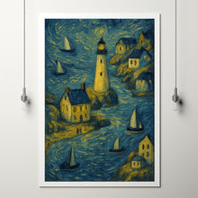 Lighthouse Village Wall Art Maritime Painting Neutral Summer Farmhouse Decor Whimsical Coastal Canvas
