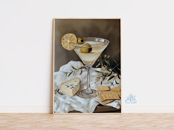 Martini, Cheese, and Crackers Giclée Art Print, Still Life Cocktail Decor, Elegant Oil Painting, Bar Cart Art, Trendy Kitchen Wall Gift 1828201611