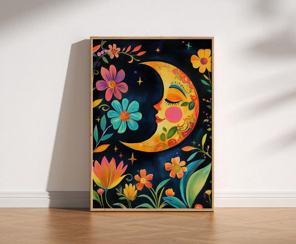 Mexican Moon Folk Art Print, Colourful Traditional Folk Mexican Crescent Moon Posters, Vibrant La Luna Sun Art, Sun Flowers, Calm Beauty 1865524351