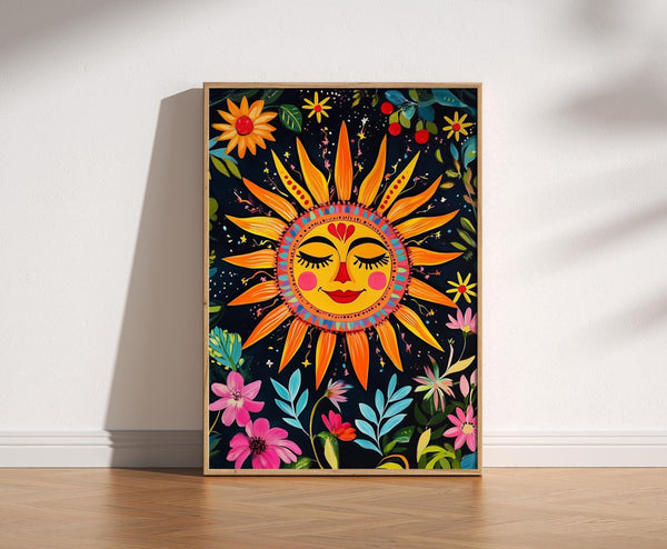 Mexican Sun Folk Art Print, Colourful Traditional Folk Mexican Sunshine Posters, Vibrant El Sol Sun Art, Sun Flowers, Strength Power Decor 1865516877