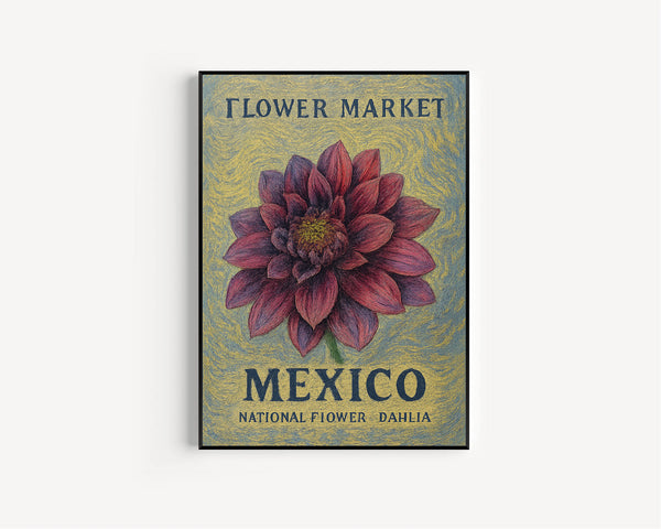Mexico National Flower Art Print, Dahlia 1960_s Wall Art, Neutral Botanical Pastel Artwork, Mexico Flower Market Decor, C31-309