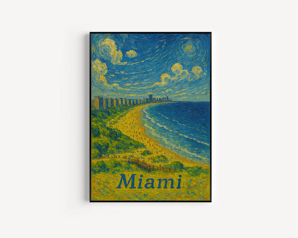 Miami Florida, USA, Van Gogh Style, Canvas and Poster Art, Beach Scene Print, Cityscape Wall Decor, Coastal Artwork