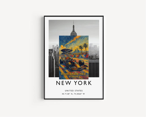 Miami Grand Prix Poster – High-Speed Formula 1 Racing in Florida with Vibrant City Skyline