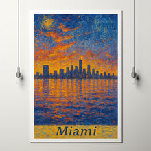 Miami, USA Van Gogh Style Cityscape Digital Download Skyline at Sunset, Pastel Colors, Water Reflection, Coastal City