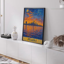 Miami, USA Van Gogh Style Cityscape Digital Download Skyline at Sunset, Pastel Colors, Water Reflection, Coastal City