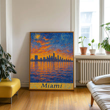 Miami, USA Van Gogh Style Cityscape Digital Download Skyline at Sunset, Pastel Colors, Water Reflection, Coastal City