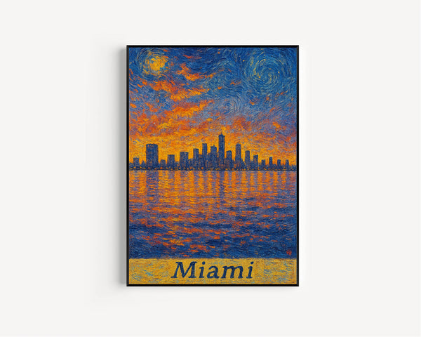 Miami, USA Van Gogh Style Cityscape Digital Download Skyline at Sunset, Pastel Colors, Water Reflection, Coastal City
