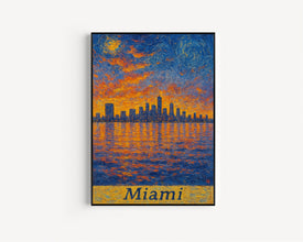 Miami, USA Van Gogh Style Cityscape Digital Download Skyline at Sunset, Pastel Colors, Water Reflection, Coastal City