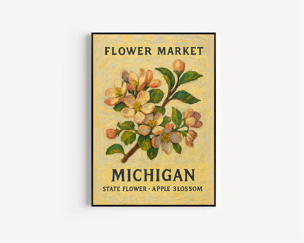 Michigan State Flower Art Print, Apple Blossom 1960s Wall Art, Neutral Pastel Botanical Artwork, Michigan Flower Market Decor, C31-61