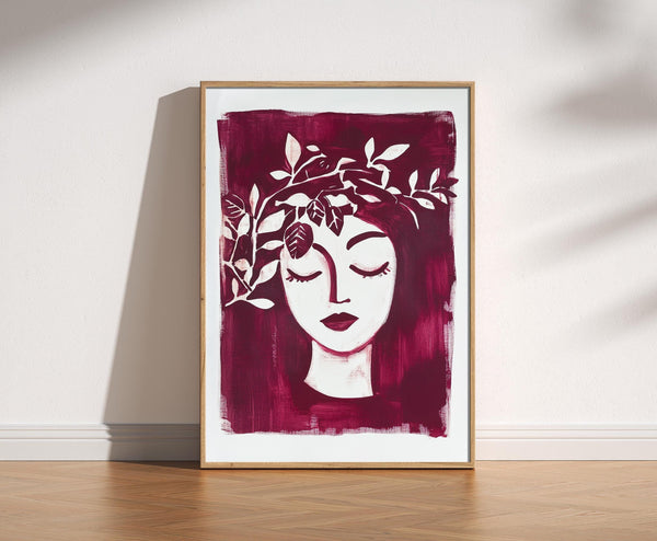 Mid Century Botanical Female Print, Feminine Matisse Style Art, Bold Painting, Burgundy Poster, Abstract Home Decor, Trendy Figurative Art 1832622019