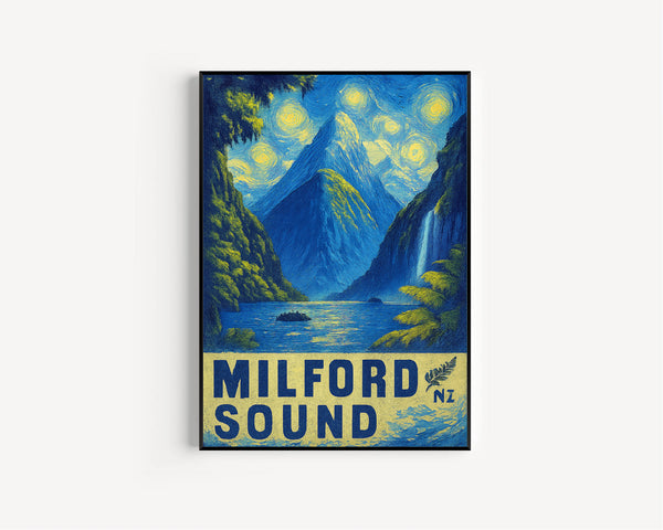 Milford Sound Travel Poster - New Zealand Wall Art Print, Illustration Poster, Home & Office decor, Gift idea, Piopiotahi Travel print
