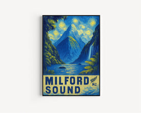 Milford Sound Travel Poster - New Zealand Wall Art Print, Illustration Poster, Home & Office decor, Gift idea, Piopiotahi Travel print