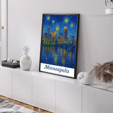 Minneapolis USA, Van Gogh Style, Digital Download Cityscape Night Scene, Reflection, Stars, Minnesota, Urban Art, Skyline Print
