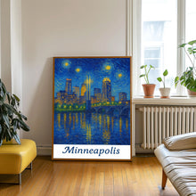 Minneapolis USA, Van Gogh Style, Digital Download Cityscape Night Scene, Reflection, Stars, Minnesota, Urban Art, Skyline Print