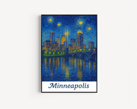Minneapolis USA, Van Gogh Style, Digital Download Cityscape Night Scene, Reflection, Stars, Minnesota, Urban Art, Skyline Print