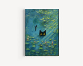 Monet Waterlily Cat Print, Claude Monet Cat Poster, Cat Art, Floral Print, Wall Art Decor Monet, Wood Framed Sign, Home Decor, Framed Prints