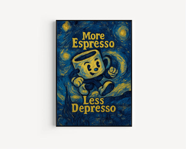 More Espresso Less Depresso Retro Kitchen Print, Retro Character Poster, Funny Trendy Cofffe Print, Retro Cafe Art, Coffee Modern Retro Art
