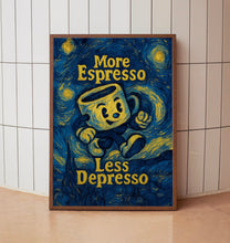 More Espresso Less Depresso Retro Kitchen Print, Retro Character Poster, Funny Trendy Cofffe Print, Retro Cafe Art, Coffee Modern Retro Art