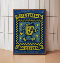 More Espresso Less Depresso Retro Wall Art Print - Retro Character Poster, Kitchen Print, Fun Cofffee, Retro Humour, Caffeine, Checkerboard (2)