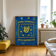 More Espresso Less Depresso Retro Wall Art Print - Retro Character Poster, Kitchen Print, Fun Cofffee, Retro Humour, Caffeine, Checkerboard