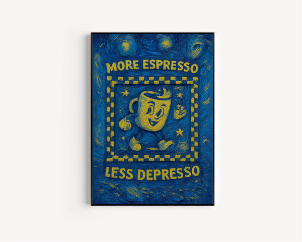 More Espresso Less Depresso Retro Wall Art Print - Retro Character Poster, Kitchen Print, Fun Cofffee, Retro Humour, Caffeine, Checkerboard