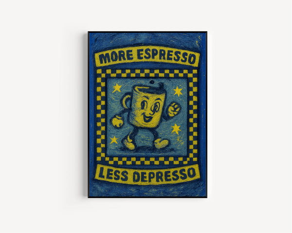 More Espresso Less Depresso Retro Wall Art Print - Retro Character Poster, Kitchen Print, Fun Cofffee, Retro Humour, Caffeine, Checkerboard (2)