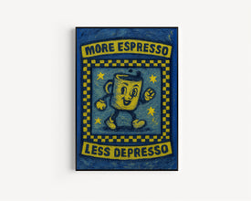 More Espresso Less Depresso Retro Wall Art Print - Retro Character Poster, Kitchen Print, Fun Cofffee, Retro Humour, Caffeine, Checkerboard (2)