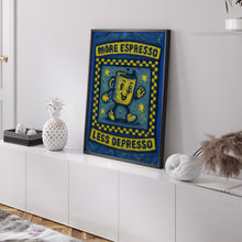 More Espresso Less Depresso Retro Wall Art Print - Retro Character Poster, Kitchen Print, Fun Cofffee, Retro Humour, Caffeine, Checkerboard (2)