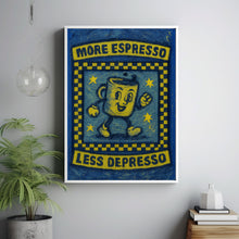 More Espresso Less Depresso Retro Wall Art Print - Retro Character Poster, Kitchen Print, Fun Cofffee, Retro Humour, Caffeine, Checkerboard (2)