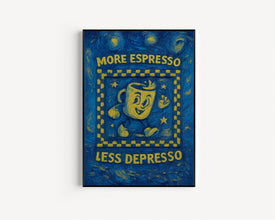 More Espresso Less Depresso Retro Wall Art Print - Retro Character Poster, Kitchen Print, Fun Cofffee, Retro Humour, Caffeine, Checkerboard