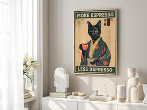 More Espresso Less Depresso, Funky Kitchen Print, Coffee Prints, Retro Print, Japanese Cat Poster, Cat Lovers Gift, Animal Wall Decor 1746082830