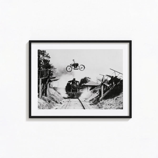 Motorcycle Jumping over Train Print, Extreme Sports Black and White Wall Art, Vintage Print, Photography Prints, Museum Quality Photo Print 1620779589