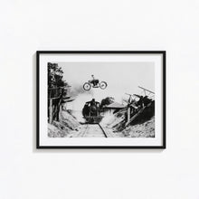 Motorcycle Jumping over Train Print, Extreme Sports Black and White Wall Art, Vintage Print, Photography Prints, Museum Quality Photo Print 1620779589