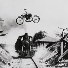 Motorcycle Jumping over Train Print, Extreme Sports Black and White Wall Art, Vintage Print, Photography Prints, Museum Quality Photo Print 1620779589
