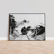 Motorcycle Jumping over Train Print, Extreme Sports Black and White Wall Art, Vintage Print, Photography Prints, Museum Quality Photo Print 1620779589