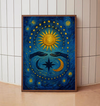 Mystical Boho Sun And Moon Print - Celestial Spiritual Sun, Crescent Moon Female Hands, Bohemian Hippie Poster, Earthy Beige, Stars Abstract