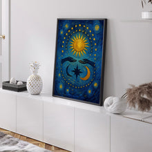 Mystical Boho Sun And Moon Print - Celestial Spiritual Sun, Crescent Moon Female Hands, Bohemian Hippie Poster, Earthy Beige, Stars Abstract