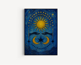 Mystical Boho Sun And Moon Print - Celestial Spiritual Sun, Crescent Moon Female Hands, Bohemian Hippie Poster, Earthy Beige, Stars Abstract (2)