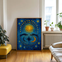 Mystical Boho Sun And Moon Print - Celestial Spiritual Sun, Crescent Moon Female Hands, Bohemian Hippie Poster, Earthy Beige, Stars Abstract