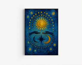 Mystical Boho Sun And Moon Print - Celestial Spiritual Sun, Crescent Moon Female Hands, Bohemian Hippie Poster, Earthy Beige, Stars Abstract