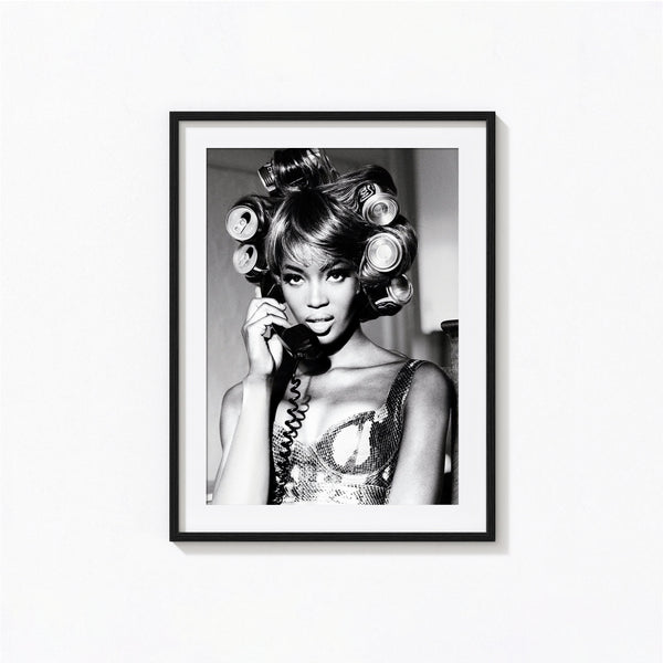 Naomi Campbell On Telephone Print, Black and White Wall Art, Vintage Print, Photography Prints, Museum Quality Photo Art Print 1606605396