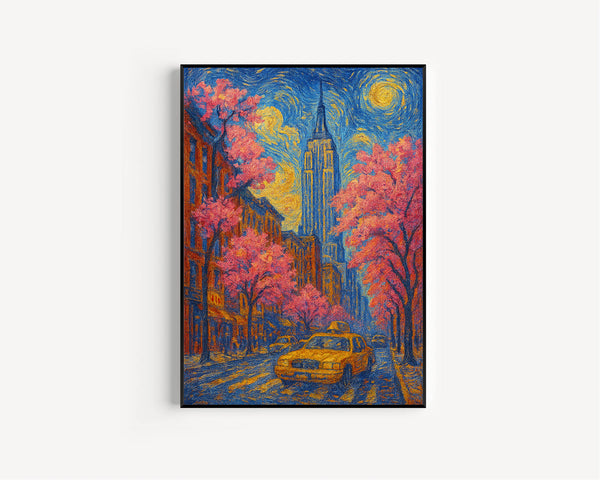 New York City Poster – Empire State Building and Cherry Blossoms in Spring Art Print Yellow Taxi poster